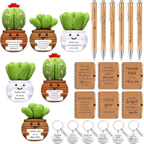 6 Set Employee Appreciation Gifts Bulk Housekeeping Week Gifts, Positive Doll Crochet with Card Inspirational Journals with Retractable Bamboo Pens Thank You Keychains for Staff(Sunflower) in Saudi Arabia