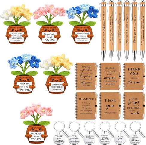 6 Set Employee Appreciation Gifts Bulk Housekeeping Week Gifts, Positive Doll Crochet with Card Inspirational Journals with Retractable Bamboo Pens Thank You Keychains for Staff(Sunflower) in Saudi Arabia