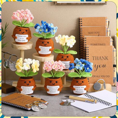 6 Set Employee Appreciation Gifts Bulk Housekeeping Week Gifts, Positive Doll Crochet with Card Inspirational Journals with Retractable Bamboo Pens Thank You Keychains for Staff(Sunflower) in Saudi Arabia