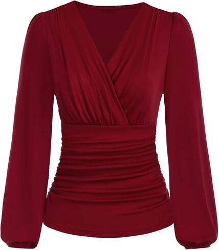 Womens Tops Elegant Wrap Blouse V Neck Work Shirts Fall Fashion Long Sleeve Dressy Casual Ruched Top in Saudi Arabia