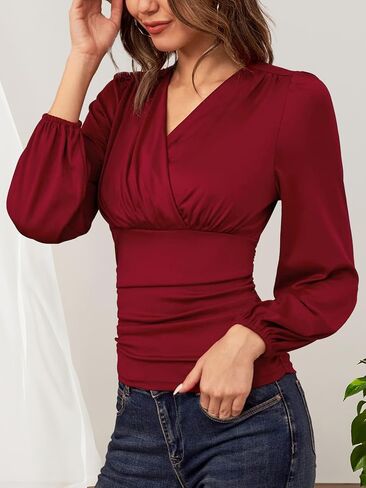 Womens Tops Elegant Wrap Blouse V Neck Work Shirts Fall Fashion Long Sleeve Dressy Casual Ruched Top in Saudi Arabia