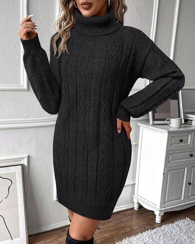 Gaharu Cable Knit Sweaters Turtleneck Pullover Mini Sweater Dress in Kuwait