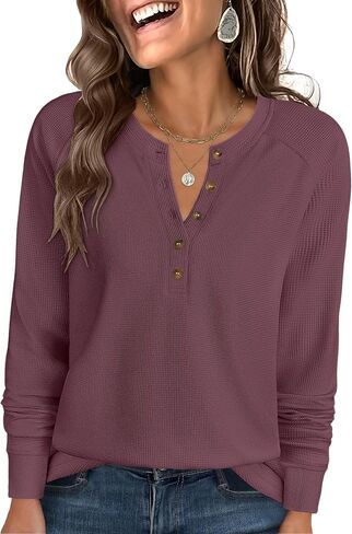ANRABESS Women's Long Sleeve Waffle Knit Shirts Dressy Casual Loose Button Up V Neck Henley Tops 2025 Fall Basic Tee Blouse in Saudi Arabia