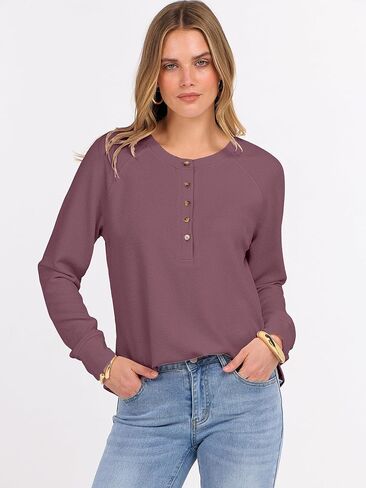 ANRABESS Women's Long Sleeve Waffle Knit Shirts Dressy Casual Loose Button Up V Neck Henley Tops 2025 Fall Basic Tee Blouse in Saudi Arabia