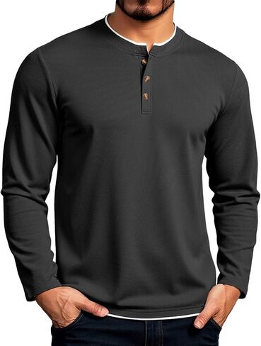 Uni Clau Mens Henley Shirts Long Sleeve Casual Button T-Shirt Classic Basic Thermal Stylish Pullover in Saudi Arabia