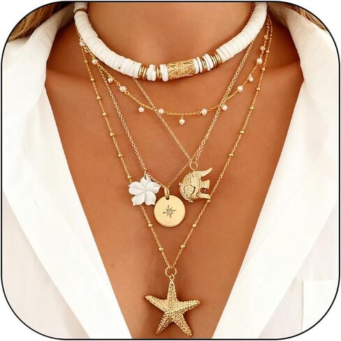 HUASAI Shell Necklaces for Women Starfish Seahell Charm Necklace Layered Boho Necklaces Vacation Essentials Outfits Halloween Costumes Accessories Women Stocking Stuffers in Saudi Arabia