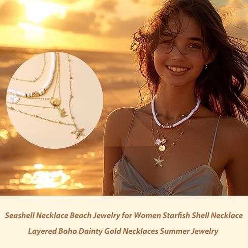 HUASAI Shell Necklaces for Women Starfish Seahell Charm Necklace Layered Boho Necklaces Vacation Essentials Outfits Halloween Costumes Accessories Women Stocking Stuffers in Saudi Arabia
