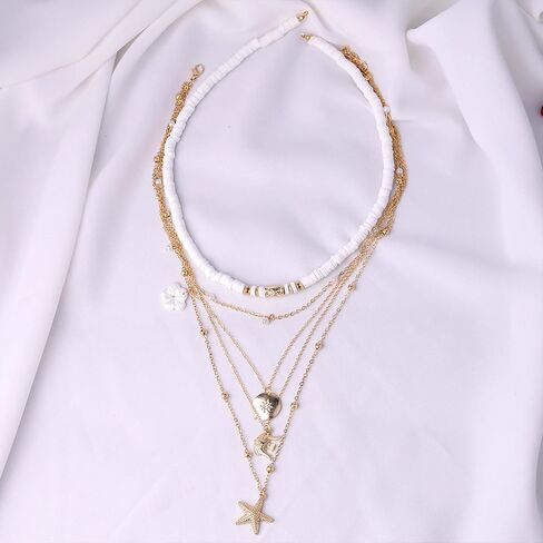 HUASAI Shell Necklaces for Women Starfish Seahell Charm Necklace Layered Boho Necklaces Vacation Essentials Outfits Halloween Costumes Accessories Women Stocking Stuffers in Saudi Arabia