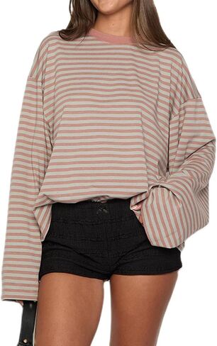 Meiweileya المرأة مخطط كم طويل البلوز Y2k قطرة الكتف اقتصاص القمم Crewneck Preppy الجنية الجرونج الخريف البلوز in Saudi Arabia