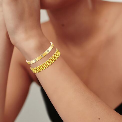 قطعتان من أساور الحب المطلية بالذهب عيار 18 قيراط للنساء، مجموعة أساور ساعة بسلسلة ذهبية، مجوهرات من الفولاذ المقاوم للصدأ غير مشوهة مع أداة قابلة للتعديل. in Kuwait