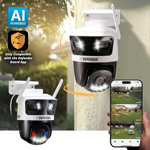 Defender AI Powered 3K+ Guard WiFi Tri-Lens PTZ Plug-in Power Outdoor Security Camera, 3-in-1 360°Smart View Camera, 8X Zoom, Human/Vehicle AI Detection, Blue/Red LED, WiFi 6, Mobile App, 2 Pack in Saudi Arabia
