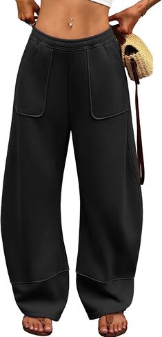 ELLEVEN Womens Fleece Lined Barrel Sweatpants – Low Rise Thermal Lounge Pants, Baggy Wide Leg with Large Pockets in Saudi Arabia