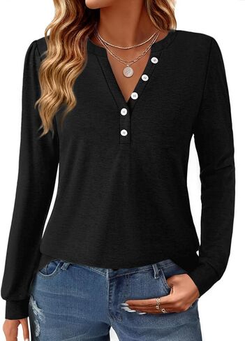 Women's Puff Long Sleeve Tunic V Neck Button Blouses Fall Tops Trendy Dressy Casual Business Henley Shirts in Saudi Arabia