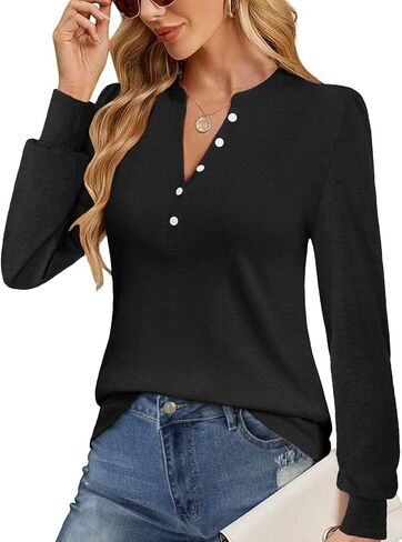 Women's Puff Long Sleeve Tunic V Neck Button Blouses Fall Tops Trendy Dressy Casual Business Henley Shirts in Saudi Arabia