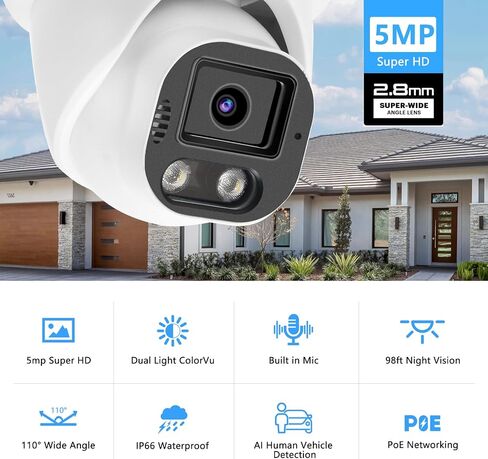 5MP Poe IP Color Light Vision Camera ، كاميرا IP Smart Dual Light Bullet Security ، ميكروفون مدمج ، رؤية ليلية 98 قدمًا ، زاوية بعرض 110 درجة ، اكتشاف المركبات البشرية in Kuwait