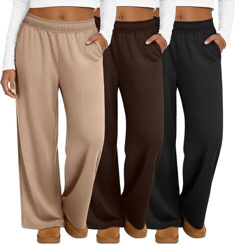3 Pack Women's Plus Size Sweatpants Casual Wide Leg Interior Drawstring High Waist Yoga Baggy Pants with Pockets in Kuwait