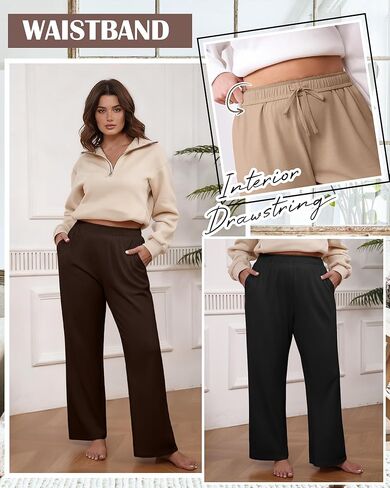 3 Pack Women's Plus Size Sweatpants Casual Wide Leg Interior Drawstring High Waist Yoga Baggy Pants with Pockets in Kuwait