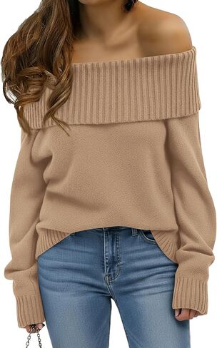 سترة نسائية مكشوفة الكتف من Okiwam موضة خريف 2025 بلوفر فضفاض محبوك وأكمام طويلة قطع علوية عصرية in Kuwait