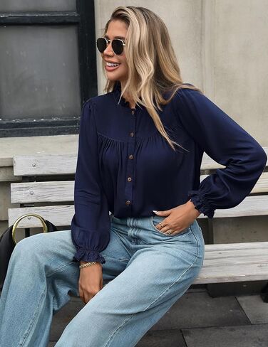 Button Down Shirts for Women Dressy Casual Long Puff Sleeve Blouses Elegant Retro Fall Pleated Tops Business Casual in Kuwait