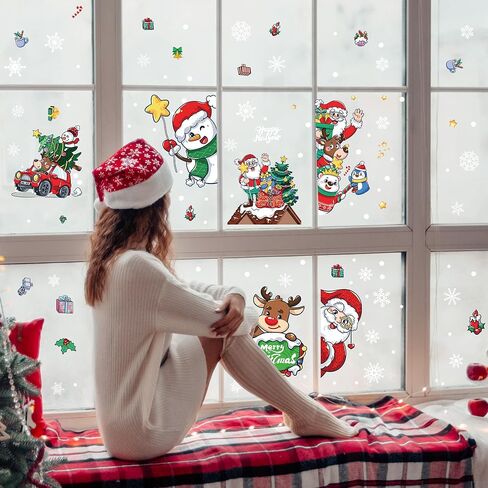 ملصقات نافذة عيد الميلاد من جويان، 9 ورقات كبيرة لنافذة عيد الميلاد ملصقات لاصقة بيضاء مزدوجة الجوانب من مادة PVC ندفة الثلج رجل ثلج شجرة عيد الميلاد مشهد ثابت لديكورات عيد الميلاد، 202 قطعة in Kuwait