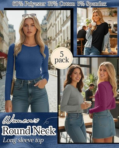 Huukeay 5 Pack Women's Crew Neck Long Sleeve Shirts, Cotton Blend Casual Clothes Workout Basic Layering Tee Tops Multipack in Saudi Arabia