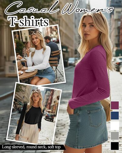 Huukeay 5 Pack Women's Crew Neck Long Sleeve Shirts, Cotton Blend Casual Clothes Workout Basic Layering Tee Tops Multipack in Saudi Arabia