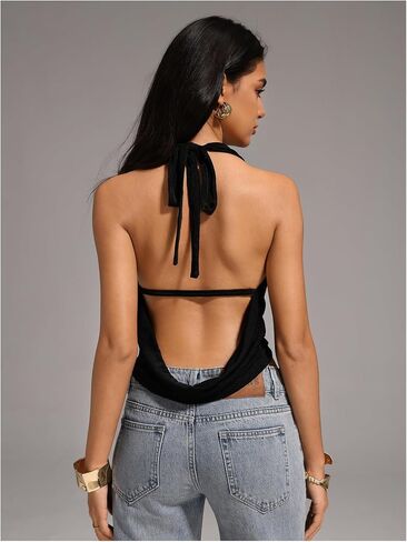 Milumia Women's Draped Front Halter Top Ruched Backless Going Out Tank Tops in Saudi Arabia