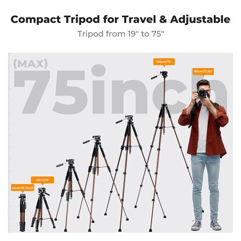 K&F Concept Camera Tripod, 75" Lightweight Portable Travel Outdoor DSLR Tripods for Camera Phone Video Recording Tripod Stand, Cellphone Clip for Smartphone Live Streaming Vlog, Dark Grey in Saudi Arabia