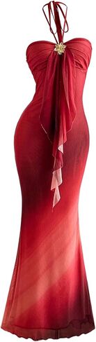 GORGLITTER Women's Metallic Floral Ombre Cocktail Maxi Dresses Halter Sunset Fishtail Bodycon Long Dress in Kuwait