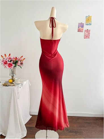 GORGLITTER Women's Metallic Floral Ombre Cocktail Maxi Dresses Halter Sunset Fishtail Bodycon Long Dress in Kuwait
