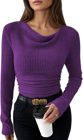 Pink Queen 2025 Fall Cowl Neck Tops for Women Long Sleeve Ruched Slim Fit Ribbed Trendy Shirts in Saudi Arabia