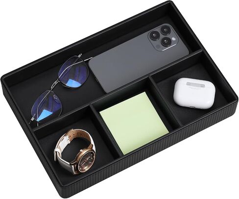 PU Leather Valet Tray, Decorative Trinket Vanity Desk Drawer Organizer Tray, Perfume Dish Catch All Bowl for Keys, Nightstand Drawer Organizer Women Men with 4 Compartments (Beige) in Saudi Arabia
