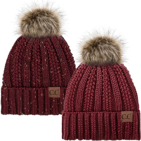 C.C YJ820 Thick Cable Knit Hat Faux Fur Pom Fleece Lined Cap Cuff Beanie 2 Pack in Saudi Arabia