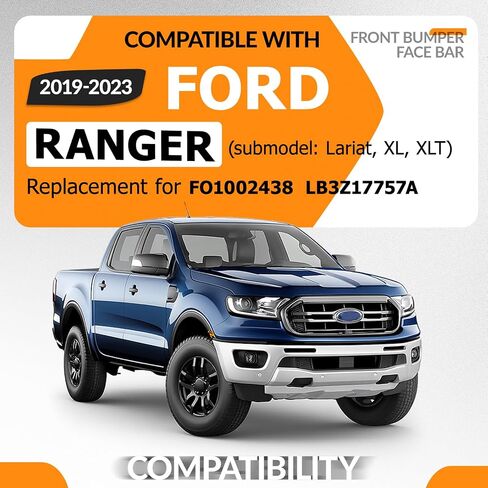 شريط وجه المصد الأمامي من KUAFU متوافق مع 2019-2023 Ford Ranger Lariat، XL، XLT مع فتحة ضوء الضباب لاستبدال FO1002436، LB3Z17757BAPTM فولاذ مطلي بمسحوق 3 قطع - أسود in Saudi Arabia