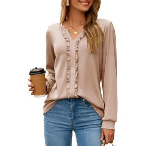 Dokotoo Womens Long Sleeve Tops Ruffle V Neck Shirts Dressy Casual Blouses Fall Clothes 2025 in Kuwait