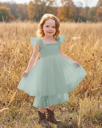 Flower Girls Dress for Wedding Boho Toddler Girls Ruffle Tulle Elegant with Sleeves Garden Party Beach Holiday in Kuwait