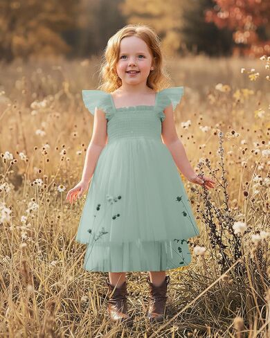 Flower Girls Dress for Wedding Boho Toddler Girls Ruffle Tulle Elegant with Sleeves Garden Party Beach Holiday in Kuwait