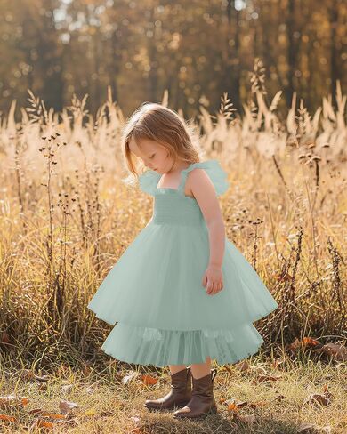 Flower Girls Dress for Wedding Boho Toddler Girls Ruffle Tulle Elegant with Sleeves Garden Party Beach Holiday in Kuwait