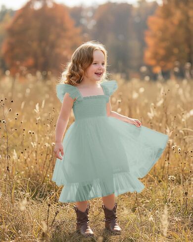 Flower Girls Dress for Wedding Boho Toddler Girls Ruffle Tulle Elegant with Sleeves Garden Party Beach Holiday in Kuwait
