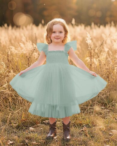 Flower Girls Dress for Wedding Boho Toddler Girls Ruffle Tulle Elegant with Sleeves Garden Party Beach Holiday in Kuwait