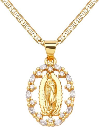DouuYuhet 18K Gold Plated Flat Mariner/Marina, 3MM Chain Necklace With Virgin Mary Guadalupe Charm Pendant Christian Jewelry in Saudi Arabia