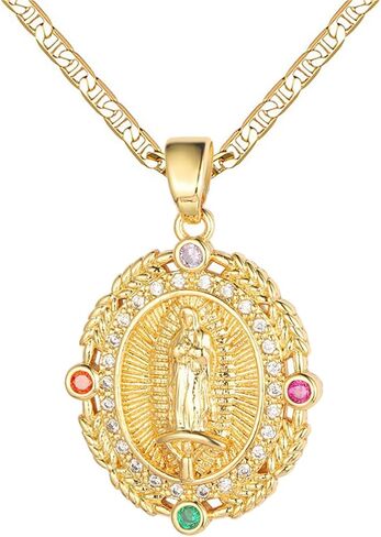 DouuYuhet 18K Gold Plated Flat Mariner/Marina, 3MM Chain Necklace With Virgin Mary Guadalupe Charm Pendant Christian Jewelry in Saudi Arabia