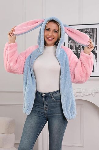 acdiac Kawaii Animal Hoodie Bunny/Bear Ear Hoodies Tops For Women Fluffy Rabbit Sweater Zip Jacket Coats in Kuwait