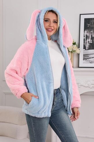 acdiac Kawaii Animal Hoodie Bunny/Bear Ear Hoodies Tops For Women Fluffy Rabbit Sweater Zip Jacket Coats in Kuwait