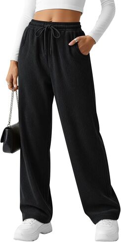 Corduroy Pants for Women Casual Drawstring High Elastic Waist Wide Leg Barrel Loose Comfy Trousers with Pockets in Saudi Arabia