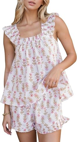 Kissonic Womens Ruffle Pajamas Set 2 Piece Summer PJs for Women Floral Pajama Ruffle Trim Cami Top and Shorts Lounge(LightBlue-Small) in Saudi Arabia