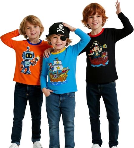 HILEELANG Toddler Boys Long Sleeve Shirts Graphic Cotton Casual Crewneck Tops, Fall Winter Layering Tees 3 Pack,2–7 Years in Saudi Arabia