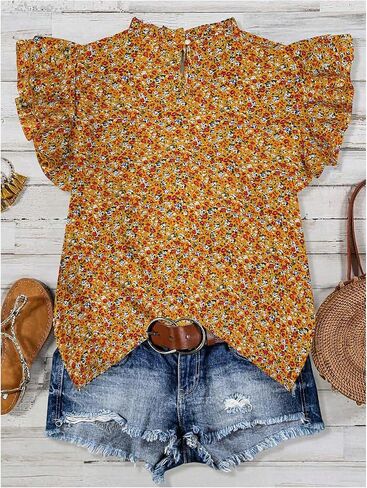 قمصان SHENHE النسائية Ditsy Floral Boho Tops كشكش وأكمام قصيرة ورقبة وهمية بلوزة صيفية غير رسمية in Kuwait