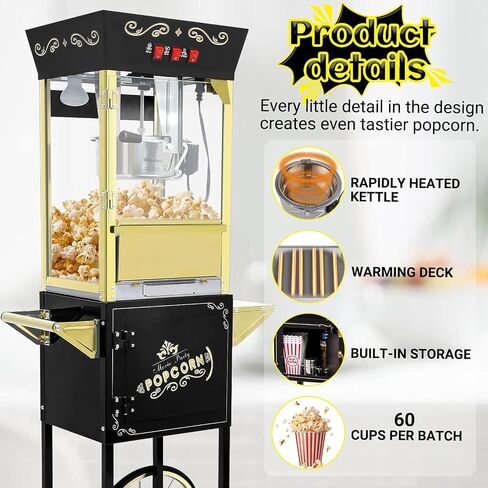 Vintage Popcorn Machine, 16oz Popper Stainless-Steel Kettle & Warming Light, Makes Up to 96 Cups, Ideal for Family Gatherings, Movie Theaters & Amusement Parks, Red in Kuwait