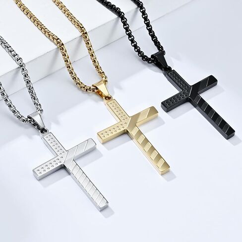 Cross Necklace for Men, Stainless Steel American Flag Pendant Necklace for Men Silver Black Gold Red-Blue Cross Chain 18-24 Inch in Saudi Arabia